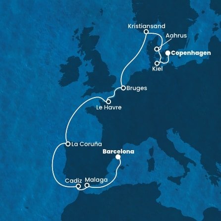 Španělsko, Francie, Belgie, Norsko, Dánsko, Německo z Barcelony na lodi Costa Diadema
