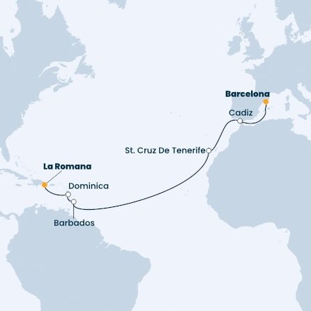 Španělsko, Barbados, Dominika, Dominikánská republika z Barcelony na lodi Costa Pacifica