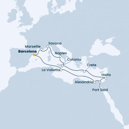 Španělsko, Francie, Itálie, Řecko, Izrael, Egypt, Malta z Barcelony na lodi Costa Pacifica