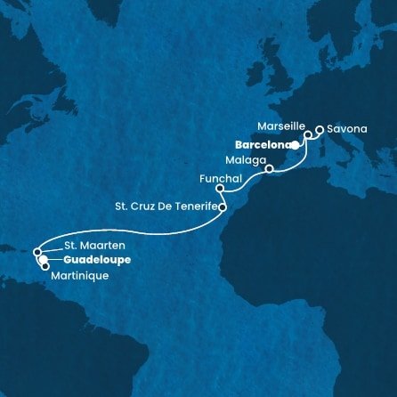 Španělsko, Francie, Itálie, Portugalsko, Svatý Martin, Martinik, Guadeloupe z Barcelony na lodi Costa Fortuna