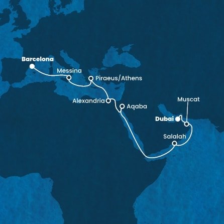 Španělsko, Itálie, Řecko, Egypt, Jordánsko, Omán, Spojené arabské emiráty z Barcelony na lodi Costa Toscana