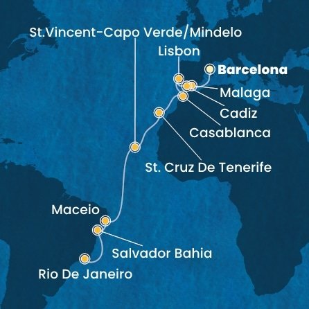 Španělsko, Portugalsko, Maroko, Kapverdy, Brazílie z Barcelony na lodi Costa Diadema