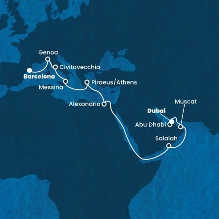 Španělsko, Itálie, Řecko, Egypt, Omán, Spojené arabské emiráty z Barcelony na lodi Costa Smeralda
