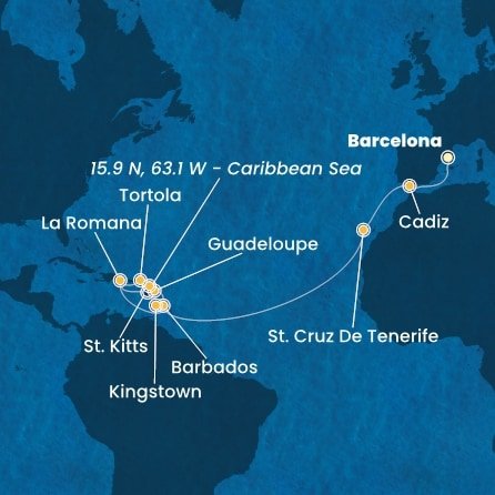 Španělsko, Barbados, Dominikánská republika, Svatý Vincenc a Grenadiny, Guadeloupe, Svatý Kryštof a Nevis, Britské Panenské ostrovy z Barcelony na lodi Costa Pacifica