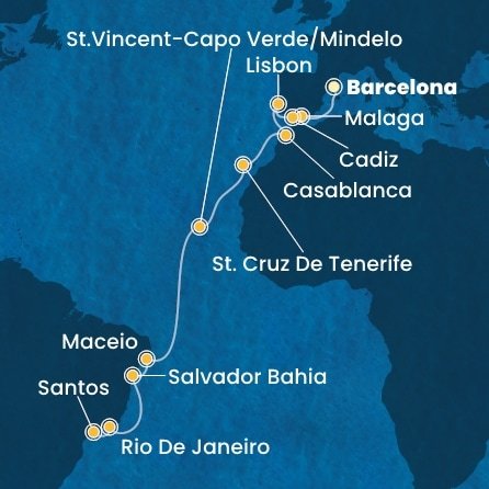 Španělsko, Portugalsko, Maroko, Kapverdy, Brazílie z Barcelony na lodi Costa Diadema