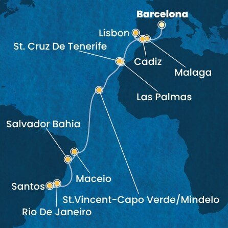 Španělsko, Portugalsko, Kapverdy, Brazílie z Barcelony na lodi Costa Diadema