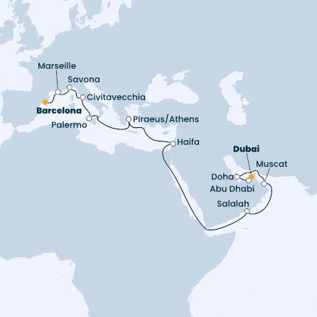 Španělsko, Francie, Itálie, Řecko, Izrael, Omán, Katar, Spojené arabské emiráty z Barcelony na lodi Costa Toscana