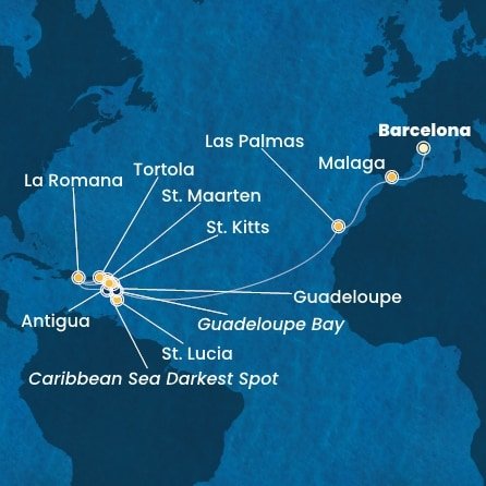 Španělsko, Guadeloupe, Svatý Martin, Dominikánská republika, Svatá Lucie, Antigua a Barbuda, Svatý Kryštof a Nevis, Britské Panenské ostrovy z Barcelony na lodi Costa Fascinosa