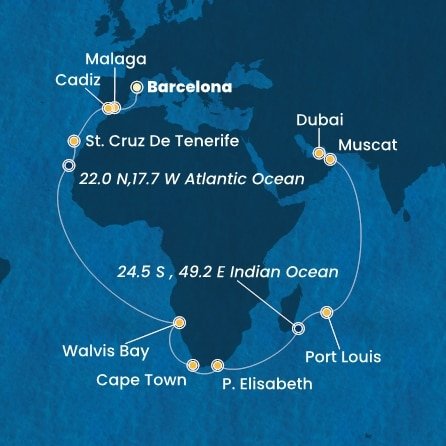Španělsko, Namibie, Jihoafrická republika, Mauricius, Omán, Spojené arabské emiráty z Barcelony na lodi Costa Smeralda