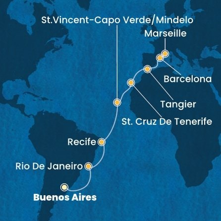 Argentina, Brazílie, Kapverdy, Španělsko, Maroko, Francie z Buenos Aires na lodi Costa Favolosa