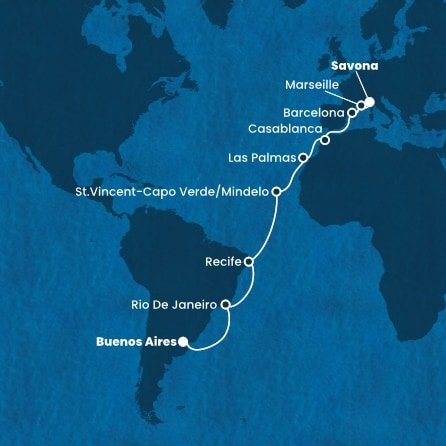 Argentina, Brazílie, Kapverdy, Španělsko, Maroko, Francie, Itálie z Buenos Aires na lodi Costa Favolosa