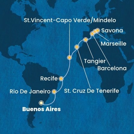 Argentina, Brazílie, Kapverdy, Španělsko, Maroko, Francie, Itálie z Buenos Aires na lodi Costa Favolosa