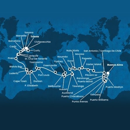 Argentina, Chile, Zámořské území Velké Británie, Francouzská Polynésie, Cookovy ostrovy, Tonga, Fidži, Nová Kaledonie, Nový Zéland, Austrálie, Mauricius, Madagaskar, Jihoafrická republika, Namibie, Kapverdy, Španělsko, Francie, Itálie, Řecko z Buenos Aires na lodi Costa Deliziosa