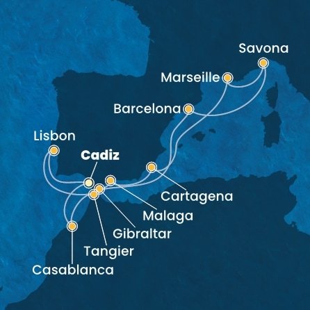 Španělsko, Portugalsko, Velká Británie, Francie, Itálie, Maroko z Cadizu na lodi Costa Diadema