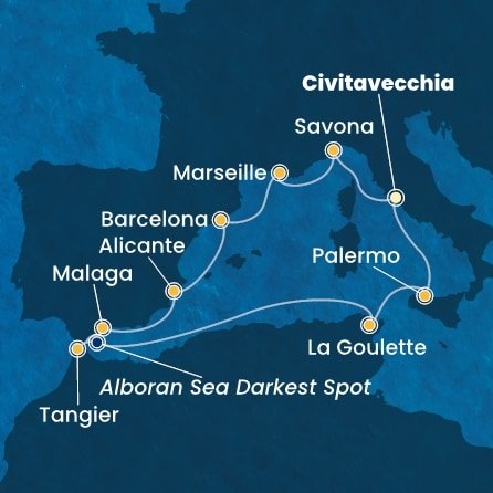 Itálie, Francie, Španělsko, Maroko, , Tunisko, Sicílie z Civitavecchia na lodi Costa Toscana
