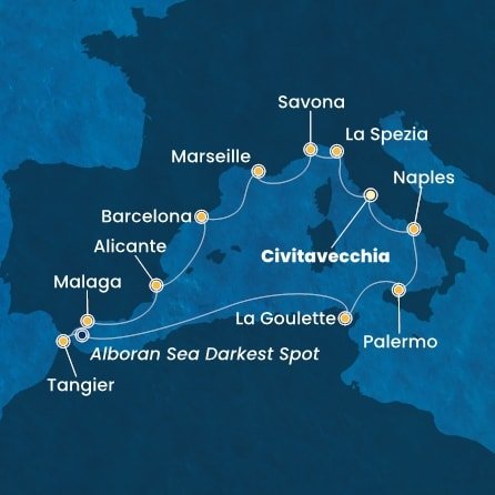 Itálie, Francie, Španělsko, Maroko, , Tunisko, Sicílie z Civitavecchia na lodi Costa Toscana