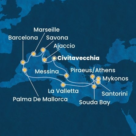 Itálie, Francie, Španělsko, Malta, Řecko z Civitavecchia na lodi Costa Fascinosa