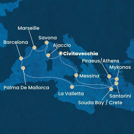 Itálie, Francie, Španělsko, Malta, Řecko z Civitavecchia na lodi Costa Fascinosa