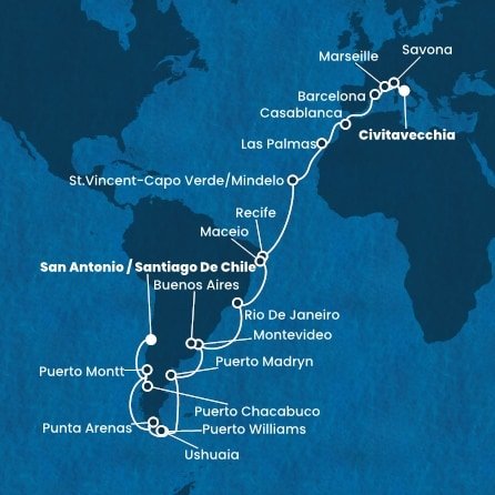 Itálie, Francie, Španělsko, Maroko, Kapverdy, Brazílie, Uruguay, Argentina, Chile z Civitavecchia na lodi Costa Deliziosa