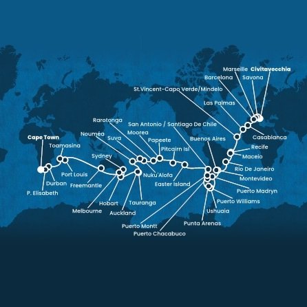 Itálie, Francie, Španělsko, Maroko, Kapverdy, Brazílie, Uruguay, Argentina, Chile, Zámořské území Velké Británie, Francouzská Polynésie, Cookovy ostrovy, Tonga, Fidži, Nová Kaledonie, Nový Zéland, Austrálie, Mauricius, Madagaskar, Jihoafrická republika z Civitavecchia na lodi Costa Deliziosa