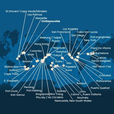 Itálie, Francie, Španělsko, Portugalsko, USA, Bahamy, Panama, Kostarika, Guatemala, Mexiko, Francouzská Polynésie, Fidži, Nová Kaledonie, Austrálie, Papua Nová Guinea, Japonsko, Jižní Korea, Tchaj-wan, Čína, Vietnam, Thajsko, Singapur, Malajsie, Srí Lanka, Maledivy, Mauricius, Jihoafrická republika, Namibie, Kapverdy z Civitavecchia na lodi Costa Deliziosa
