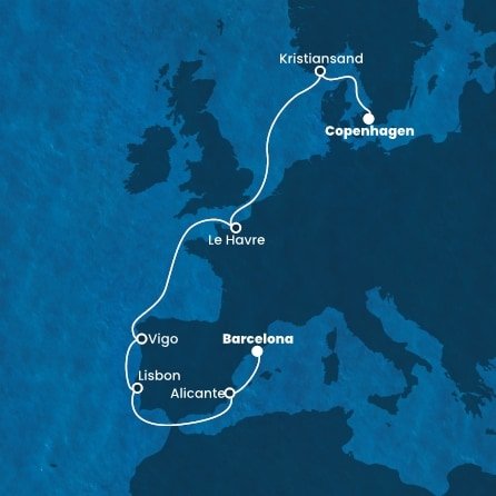 Dánsko, Norsko, Francie, Španělsko, Portugalsko z Kodaně na lodi Costa Diadema