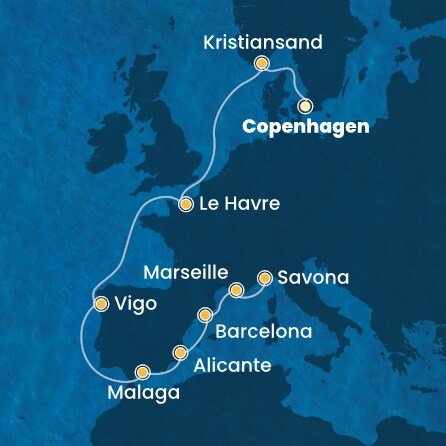 Dánsko, Norsko, Francie, Španělsko, Itálie z Kodaně na lodi Costa Diadema