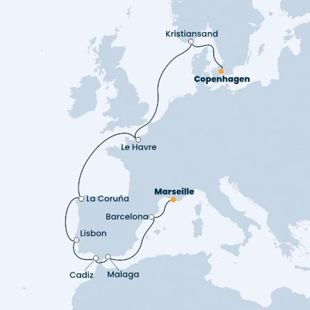 Dánsko, Norsko, Francie, Španělsko, Portugalsko z Kodaně na lodi Costa Firenze
