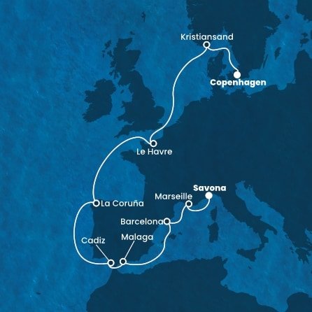 Dánsko, Norsko, Francie, Španělsko, Itálie z Kodaně na lodi Costa Diadema
