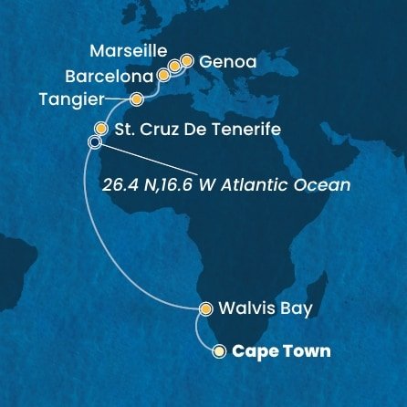 Jihoafrická republika, Namibie, Španělsko, Maroko, Itálie, Francie z Kapského Města na lodi Costa Smeralda