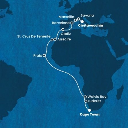 Jihoafrická republika, Namibie, Kapverdy, Španělsko, Francie, Itálie z Kapského Města na lodi Costa Deliziosa