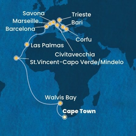 Jihoafrická republika, Namibie, Kapverdy, Španělsko, Francie, Itálie, Řecko z Kapského Města na lodi Costa Deliziosa