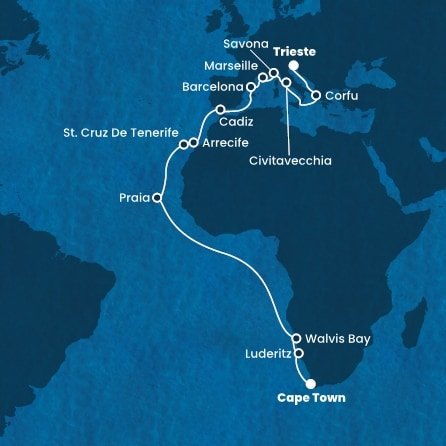 Jihoafrická republika, Namibie, Kapverdy, Španělsko, Francie, Itálie, Řecko z Kapského Města na lodi Costa Deliziosa