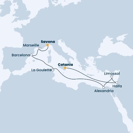 Itálie, Izrael, Kypr, Egypt, Tunisko, Španělsko, Francie z Katánie na lodi Costa Fortuna
