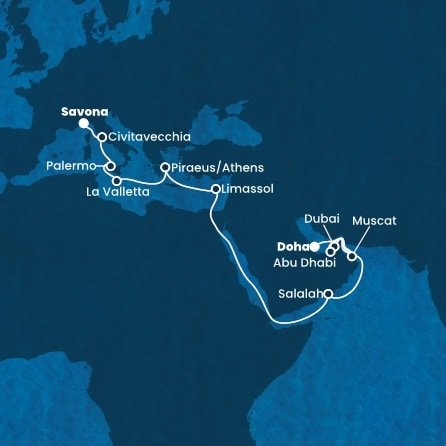 Katar, Omán, Spojené arabské emiráty, Kypr, Řecko, Malta, Itálie z Dohy na lodi Costa Toscana