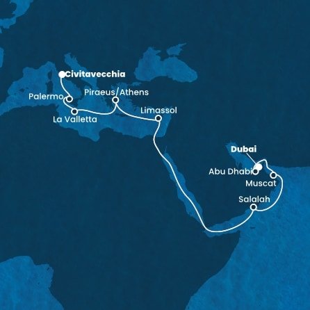 Spojené arabské emiráty, Omán, Kypr, Řecko, Malta, Itálie z Dubaje na lodi Costa Toscana