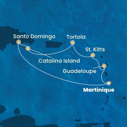 Martinik, Guadeloupe, Svatý Kryštof a Nevis, Britské Panenské ostrovy, Dominikánská republika z Fort-de-France, Martinik na lodi Costa Favolosa