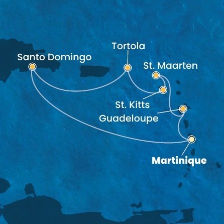 Martinik, Guadeloupe, Svatý Martin, Svatý Kryštof a Nevis, Britské Panenské ostrovy, Dominikánská republika z Fort-de-France, Martinik na lodi Costa Favolosa