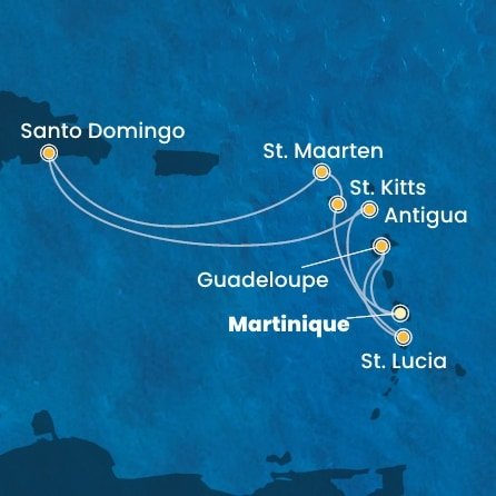 Martinik, Guadeloupe, Svatá Lucie, Svatý Kryštof a Nevis, Svatý Martin, Dominikánská republika, Antigua a Barbuda z Fort-de-France, Martinik na lodi Costa Favolosa