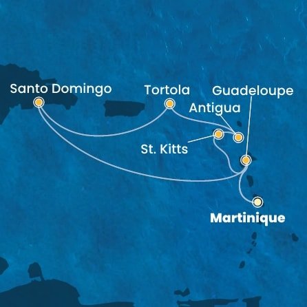 Martinik, Guadeloupe, Svatý Kryštof a Nevis, Antigua a Barbuda, Britské Panenské ostrovy, Dominikánská republika z Fort-de-France, Martinik na lodi Costa Favolosa
