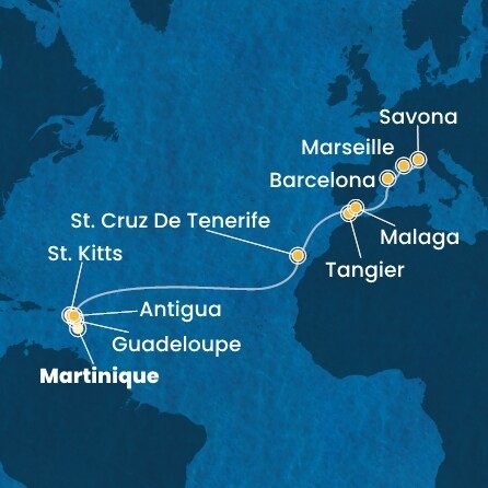 Martinik, Guadeloupe, Svatý Kryštof a Nevis, Antigua a Barbuda, Španělsko, Maroko, Francie, Itálie z Fort-de-France, Martinik na lodi Costa Favolosa