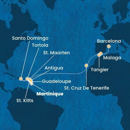 Martinik, Guadeloupe, Svatý Kryštof a Nevis, Britské Panenské ostrovy, Dominikánská republika, Svatý Martin, Antigua a Barbuda, Španělsko, Maroko z Fort-de-France, Martinik na lodi Costa Favolosa