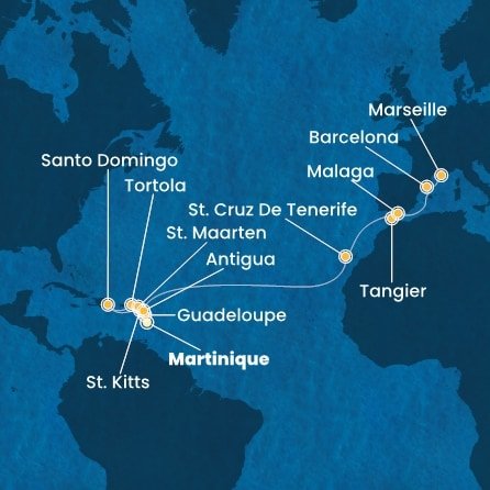Martinik, Guadeloupe, Svatý Kryštof a Nevis, Britské Panenské ostrovy, Dominikánská republika, Svatý Martin, Antigua a Barbuda, Španělsko, Maroko, Francie z Fort-de-France, Martinik na lodi Costa Favolosa