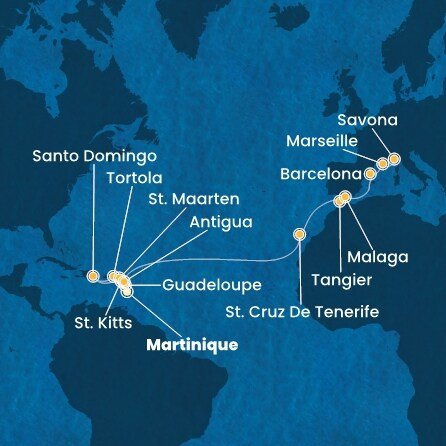 Martinik, Guadeloupe, Svatý Kryštof a Nevis, Britské Panenské ostrovy, Dominikánská republika, Svatý Martin, Antigua a Barbuda, Španělsko, Maroko, Francie, Itálie z Fort-de-France, Martinik na lodi Costa Favolosa