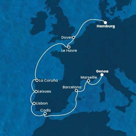 Německo, Velká Británie, Francie, Španělsko, Portugalsko, Itálie z Hamburku na lodi Costa Favolosa