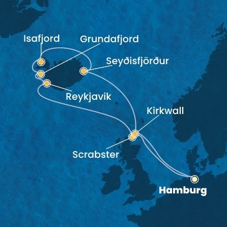 Německo, Scrabster, Island, Velká Británie z Hamburku na lodi Costa Favolosa