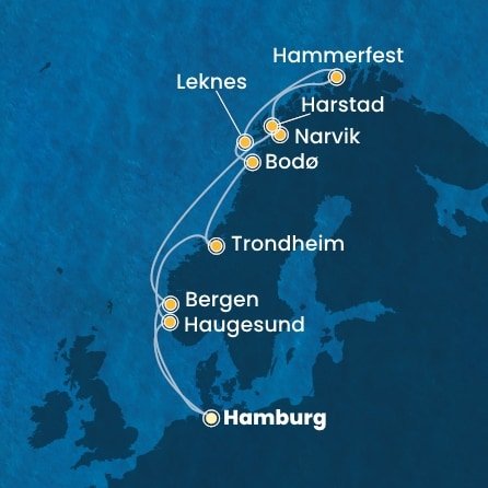 Německo, Norsko, z Harstadu z Hamburku na lodi Costa Favolosa