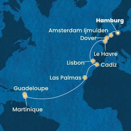 Německo, Nizozemsko, Velká Británie, Francie, Portugalsko, Španělsko, Martinik, Guadeloupe z Hamburku na lodi Costa Favolosa