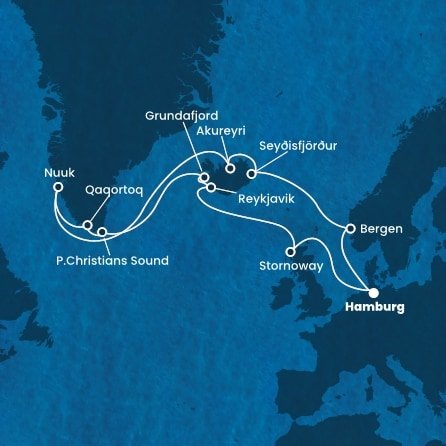 Německo, Velká Británie, Island, Autonomní oblast Dánska, Norsko z Hamburku na lodi Costa Favolosa
