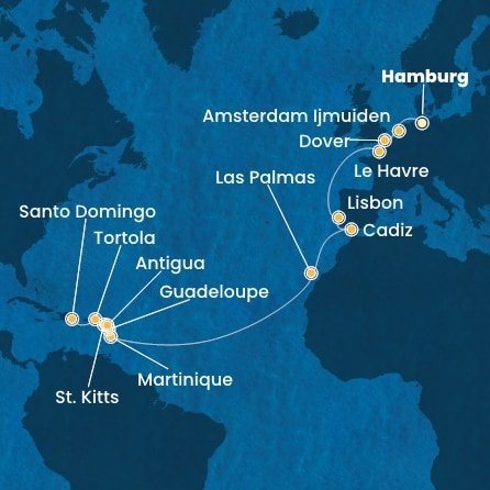 Německo, Nizozemsko, Velká Británie, Francie, Portugalsko, Španělsko, Martinik, Guadeloupe, Svatý Kryštof a Nevis, Antigua a Barbuda, Britské Panenské ostrovy, Dominikánská republika z Hamburku na lodi Costa Favolosa